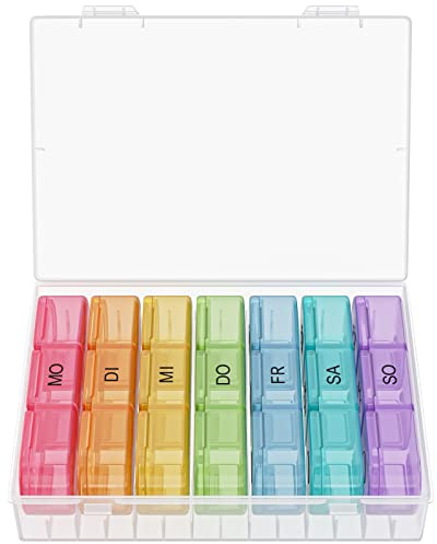 WELLGRO Tablettenbox für 7 Tage - Pillendose je 3 Fächer pro Tag - Klappdeckel mit Druckverschluss - Aufbewahrungsbox - BPA-freier Kunststoff, Farbe:Bunt