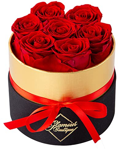 GLAMOUR BOUTIQUE Eternal Preserved Roses in a Box, Flowers Forever, Rose Forever in a Box for Wife or Her, Lasting Real Flower Gift for Mothers Day Luxury Floral 7 Roses, Red (Color-Treated)