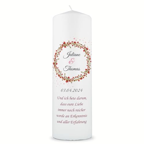 GRAVURZEILE Bedruckte Kerze - Traukerze Roter Mohn - Personalisiert mit Namen, Datum & Wunschtext - Geschenk für Paare zur Hochzeit zum Valentinstag - Hochwertige Stumpenkerze Weiß 250/80 mm