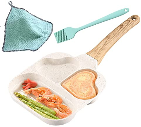Rwoora Sartenes antiadherentes románticas con forma de corazón, sartén multifunción 3 en 1 para tortilla de desayuno, mango antiquemaduras, fácil de colgar, completo con cepillo de aceite y paño de
