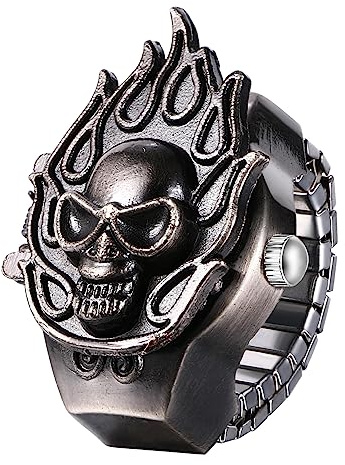 JewelryWe Herren Ringuhr Fingeruhr Analog Quarz Uhr Elastisch Totenkopf Schädel Ring Band Edelstahl Uhr Uhrenring