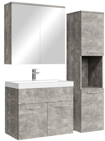 Badplaats Badmöbel Komplettset Montreal 60 x 35 cm Beton Grau - Badezimmermöbel mit Waschbecken, Spiegelschrank und Badezimmerschrank