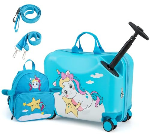 DREAMADE Kinderkoffer zum Draufsitzen, 2 TLG. Kinderkoffer mit Rucksack, Kindergepäck Trolley zum Reisen, Reisetrolley Kinder Trolley Set (Blau-Einhorn, 18 Zoll +12 Zoll)