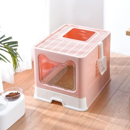 Bandeja de arena para gatos, casa de aseo plegable con tapa, cajón de arena con pala, WC para gatos, XXL,51 x 41 x 38 cm (Rose Sakura)