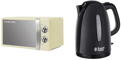 Russell Hobbs RHMM701C 17 Litre 700 W Cream Solo Manual Microwave with 5 Power Levels, Ringer&Timer & Textures Electric 1.7L Cordless Kettle (Fast Boil 3KW, Black premium plastic, matt