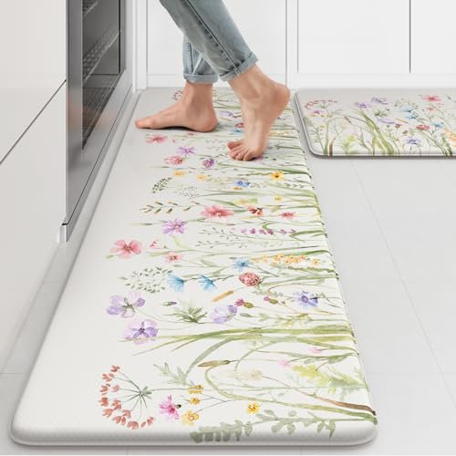 KIMODE Anti-Müdigkeit-Küchenmatte für Boden, Bauernhaus-Blumen-Küchenteppich-Set, rutschfest, gepolsterte Stehmatte für Spüle, Wäsche, Schreibtisch, Zuhause, Weiß, 43,2 x 119,4 cm + 43,2 x 73,7 cm, 2