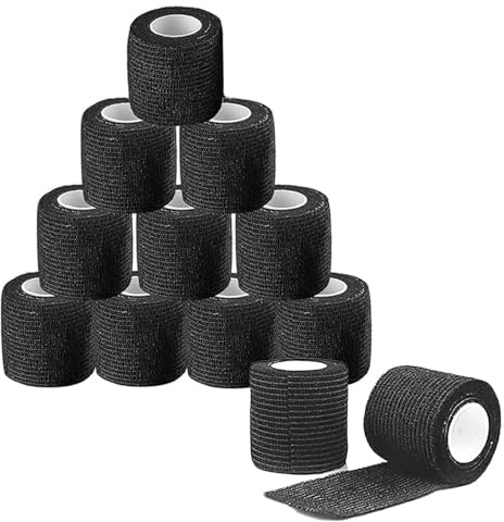 yotutun 12 Rollos Venda Cohesiva Venda Cinta Bendaje Adhesiva Vendaje Autoadhesivo Deportiva Tape Cohesivo para Protegen Dedos Muñecas Tobillos Vendaje Elástico Banda (5cmx4.5m) (Negro)