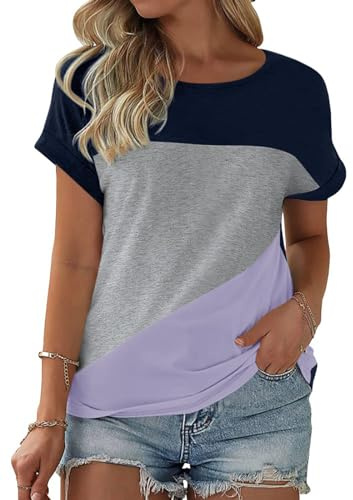 Fisoew Maglietta da donna con scollo rotondo, a maniche corte, casual, in cotone