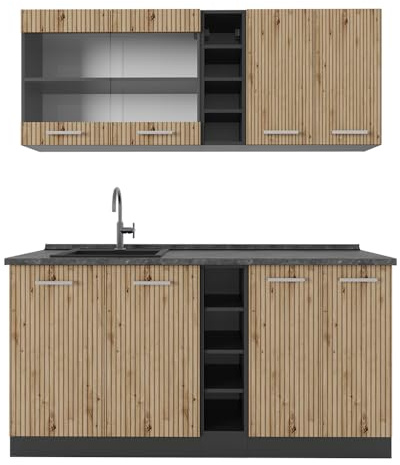 Vicco Singleküche R-Line, Artisan Eiche/Anthrazit, 160 cm | 6 Module · Höhenverstellbare Füße · Ohne Arbeitsplatte · Robuste Fronten · Mit offenen Regalen · Frei kombinierbar