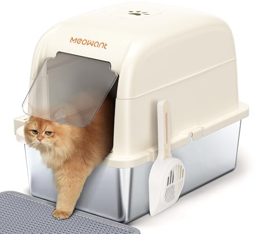 MeoWant kattsandsfack i rostfritt stål, XXL ströbricka med skopa, stängd U-formad toalett, avtagbar katttoalett med dold låda med aktivt kol på toppen