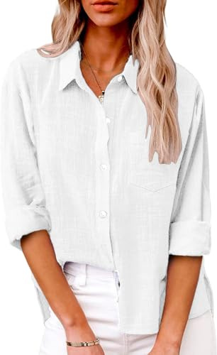 Friptspyg Donna da Camicia Manica Lunghe Scollo a V Chiusura con Bottoni 100% Cotone Casual Blusa con Tasca vestibilità Ampia Versatile per L'Estate, Bianco XL