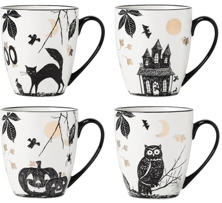 Lenox Coffee Mugs, Vintage Haunted Halloween 12 Oz Mugs Set of 4, Porcelain, Assorted Drinkware Set, Spooky Fall Decor, Dishwasher Safe, Microwave Safe, Halloween Decor Indoor (White/Black 4 Piece)