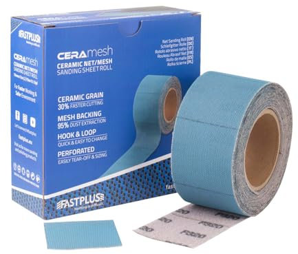FASTPLUS Rollo de papel de lija de red de 70 mm x 12 m de largo, rollo continuo, P400, rollo de papel de lija de cerámica autoadhesivo, ideal para lijadoras de máquina y lijadoras de mano
