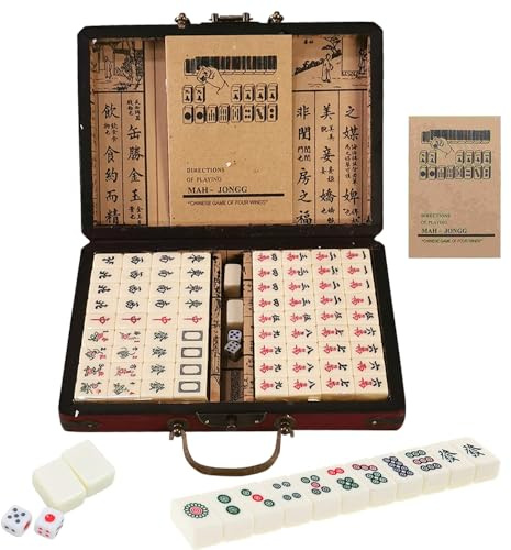 WDKXCN Mini Chinese Majong Set, 144PCS Mahjong Tiles Game, White Engraved Majong Free Games, Portable Mahjong Set Full Size with 2 Dice & Leather Carrying Case Box for Travel, Family Gathering, Party