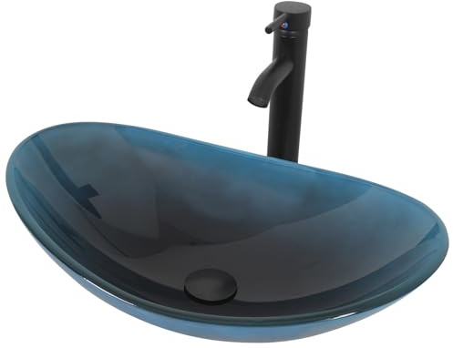 YU YUSING Ensemble Complet- Lavabo Vasque à Poser Ovale en Verre avec Ensemble de Robinets, Lave-Mains, pour Salle de Bain, Cuisine, WC d'invités, Bleu Foncé Moderne, 53 x 35 x 15.5 cm