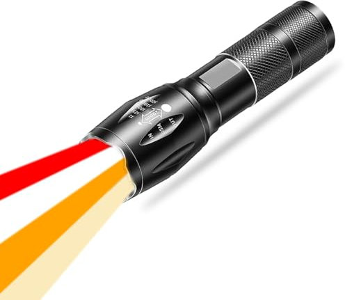 POCKETMAN Lot de 4 lampes de poche rouges rechargeables, lumière jaune, lumière rouge, multicolore, 4 couleurs en 1 LED, blanc, jaune, orange et rouge, 4 modes, zoomable pour camping, extérieur