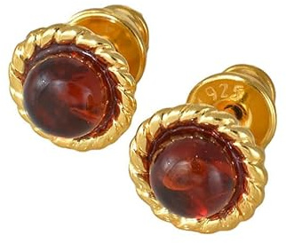 18K Gold Plated Baltic Honey Amber Stud Earrings – Genuine 925 Sterling Silver Round Amber Cabochon, Small 8mm Minimalist Post Earrings for Women