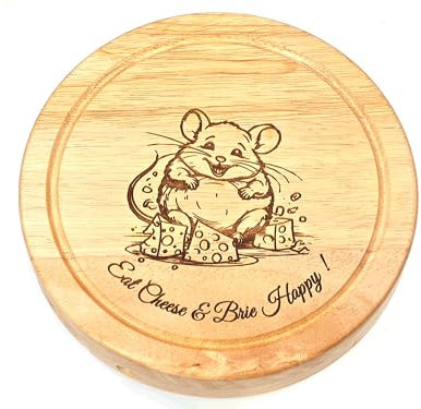 Engraved Round Wood Cheeseboard Set 19cm Mouse with Eat Cheese & Brie Happy