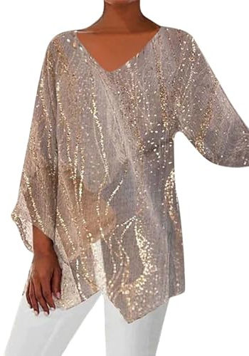 MJGkhiy Top mujer elegante con lentejuelas curvas cuello en V T Shirt Glitter Oro Ceremonia Blusa Tallas Grandes Manga Larga Camisa Plata Strass Camiseta Navidad Brillantini Tops Año Nuevo Camisetas,