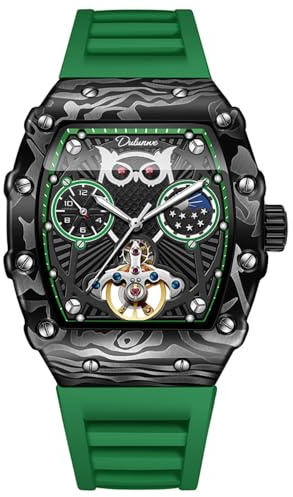 DAXIAOYU Mode uggla skelett automatisk klocka för män Tourbillon mekaniskt armbandsur lysande månfas gummirem sport affärsklockor, gRÖN, Lyx