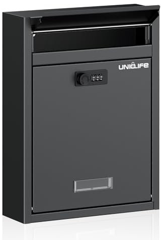 Uniclife Wall Mount - Cassetta postale per esterni, grande scomparto portaoggetti con serratura a combinazione, chiusura di sicurezza, cassetta postale per casa, cassaforte chiave a goccia, cassetta