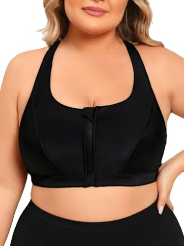 Aderea Women's Sports Bra Bikini Top for Large Bust Racerback Swim Bras Zipper in Front Bathing Suit Top Swimsuit Tops Only, Black, Large
