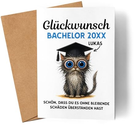 Kiddle-Design Karte Bachelor 2026 Personalisiert | Bachelor Abschluss Geschenk Katze Lustig Spruch | Studienabschluss Geschenke Jungen & Mädchen zur bestandenen Prüfung Glückwunschkarte Studium