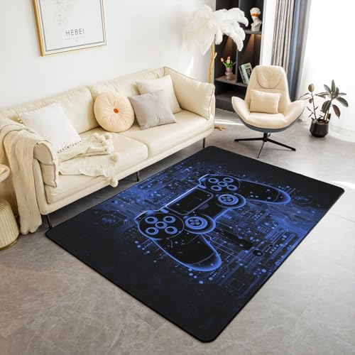 Homemissing Blau und schwarz Gamer Teppich 100x150cm Jungen Mädchen Gaming Wohnzimmerteppich Für Kinder Frauen Männer Ultra Blitz Gamepad Spiel Geometrische Modern Teppich Zimmer Dekor Weich