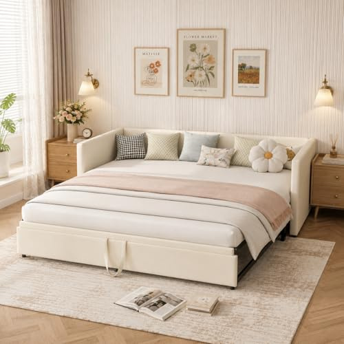 Vadderad bäddsoffa, 90/180 x 200 cm, utdragbar dagsäng, med sovfunktion, säng utdragbar till dubbelsäng, utdragbar säng med ribbotten, multifunktionssäng, sammet, beige (beige, 90/180 x 200)
