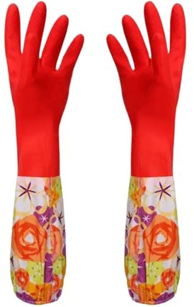NihaoWXM Household Gloves Flower Rubber Velvet Gloves Household Gloves Antiskid Washing Cleaning Gloves(Red)