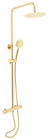 Duschgarnitur Gold Duschsystem mit Thermostat, Duscharmatur Komplettset mit Regendusche 20 cm, Duschset mit Duschkopf, Duschstange & Schlauch, Brauseset