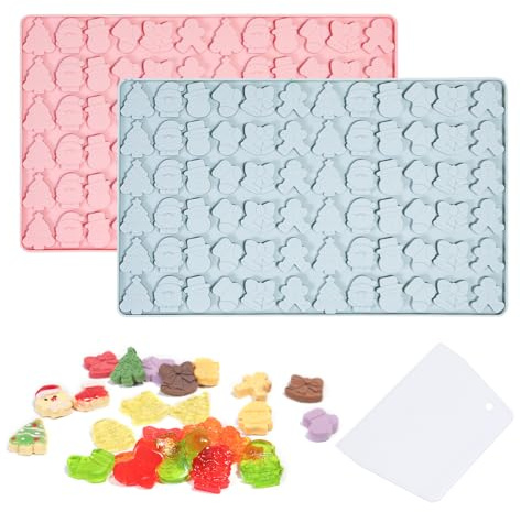 KATLINNA 2 Stück Silikonform Weihnachten mit Schaber, Schokolade Backformen | Formen Silikon Schokoladenform 6 Muster Mini Pralinenform Weihnachtsbaum Backform für Süßigkeiten, Kekse, Gelee