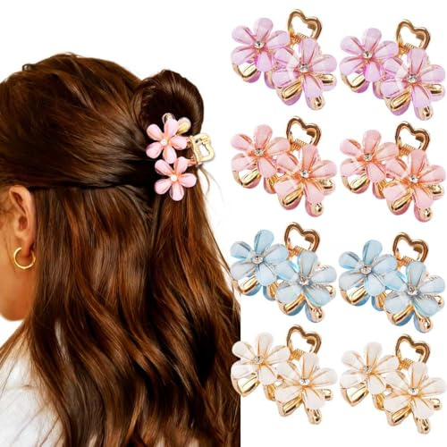 IYOU Pinzas para el pelo Flores Pinza de Garra Rosa Pequeñas Floral Accesorios para el cabello Antideslizantes para Mujer (8 Unidades)