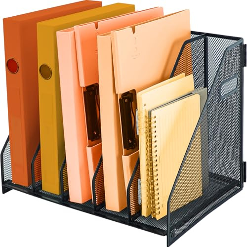 PLSOPPKG Metall-Magazinhalter, Ordner-Organizer für den Schreibtisch mit 5 vertikalen Fächern, ablagefach a4 metall für Dokumente, für Büro, Schule und Zuhause (schwarz)