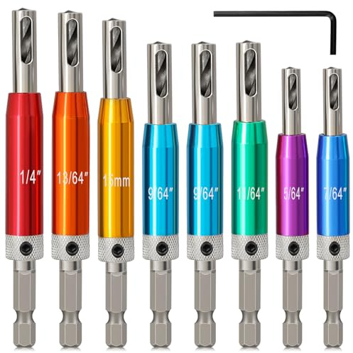 Hinge Self Centering Drill Bit Set, CYLBAQ 8PCS HSS Wood Punch Drill Bits | 1/4Hex Shank Window Cabinet Hinge Hole Drilling Woodworking Tool 5/64,7/64,9/64,11/64,5mm,13/64,1/4 for Cabinet, Door