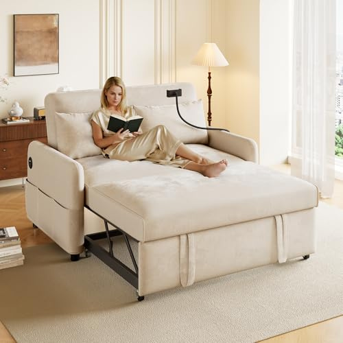 ZIDEY Sofa mit Schlaffunktion mit USB, Schlafcouch Ausziehbar mit Verstellbarer Rückenlehne, Schlafsofa Klein Klappsofa Schlafsofa 2 Sitzer, Beige