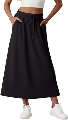 GRECERELLE Gonne da donna con tasche, gonna a vita elasticizzata midi A-Line, gonna estiva casual maxi, gonne lunghe per donna UK, A01 Nero, XXL