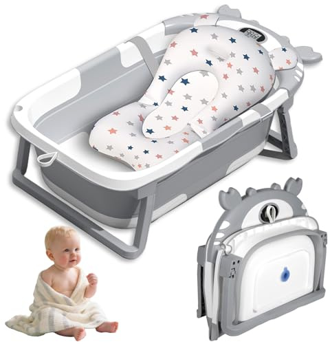 Vautvis Baignoire Pliable Bébé, Redcucteur Baignoire Bebe | Avec Coussin et Thermomètre, Baignoire Portable Pour Bébé De 0 à 36 Mois, Gris