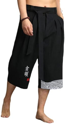 Generisch Pantaloni giapponesi in lino da uomo, corti, tradizionali giapponesi, pantaloni harem da uomo, con coulisse, estivi, casual, leggeri, spiaggia, jogging, yoga, palestra, trekking