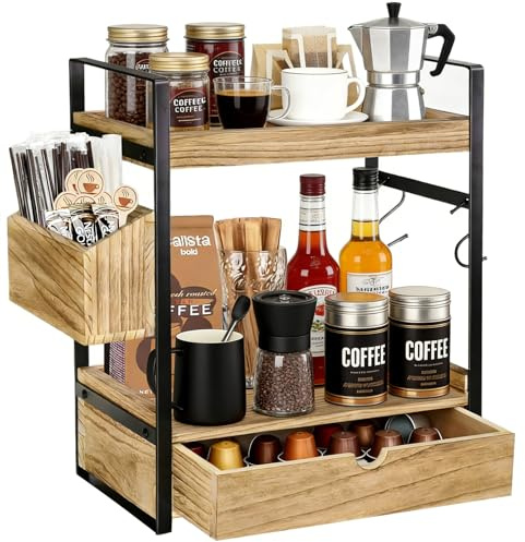 YancLife Coffee Station Organizer - 2 Tier Wooden Countertop Tea Bag Storage Shelf with Drawer and Hooks, Kitchen Spices Rack, Tea Box Organiser, Free Standing Coffee Bar Accessories for Home, Office