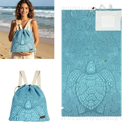 Toalla de playa convertible 2 en 1 y mochila con bolsillo interior con cremallera y tela resistente a la arena, bolsa de playa de microfibra de gran tamaño ponible, esterilla compacta de secado rápido