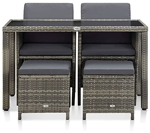PUGYNBK Set de salle à manger extérieur 5 pièces en osier gris avec coussins