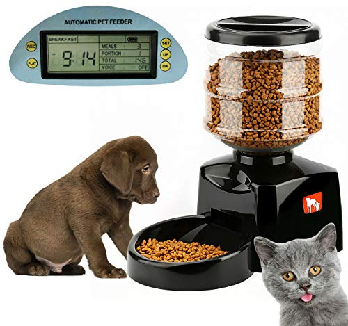 Gonow Automatic Pet Cat Dog Feeder with Timer, Food Dispenser with 3 Meals At Regular intervals 5.5L Can Be Recorded, Suitable Wet & Dry Food for Cats, Dogs, Rabbits Food and Other Pets (Black)