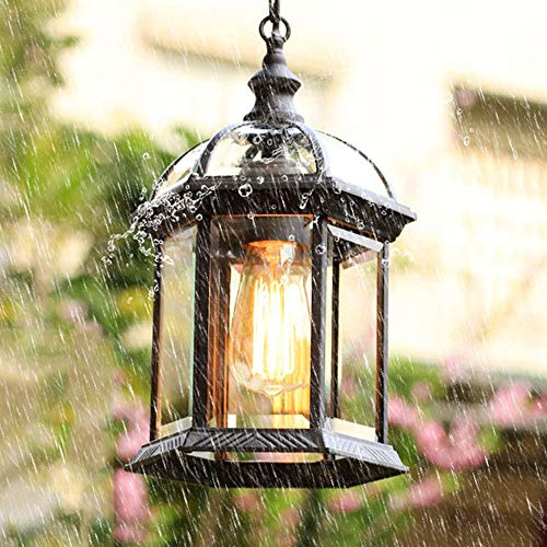 Mengjay E27 Lampes Suspendues Lampe Pendentif Extérieure Noir Rétro IP44 Vintage Industriel Fer Plafonnier Éclairage Imperméable À La Pluie Pavillon Villa Loft Lustre Lumière Extérieure (C)