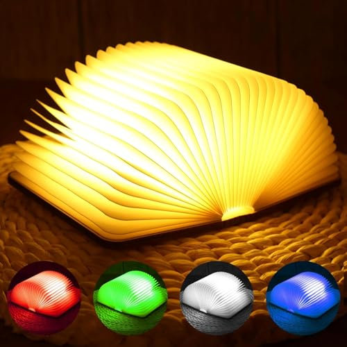 Lampe Pliante en Bois 5 Couleurs Led, Lampe de Table en Forme de Livre, Led Lampe de Papier Rechargeable par USB, Idée Cadeau Noël, Pour Chambre et Maison