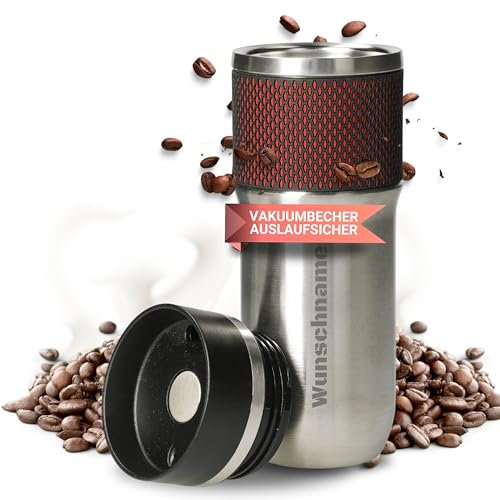 Personalisierbarer Edelstahl Thermobecher NEPTUN 450 ml - Push-Button-Verschluss auslaufsicher - BPA-frei Kaffeebecher to go - silber gebürstet
