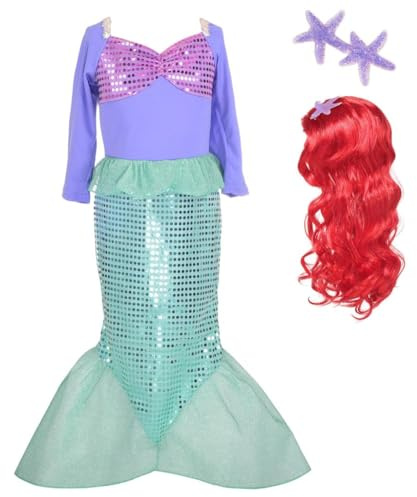 Lito Angels Prinzessin Arielle Meerjungfrau Kleid Kostüm Party Verkleidung mit Haar Perücke für Kinder Mädchen Größe 8-9 Jahre 134 (Tag-Nummer 140)