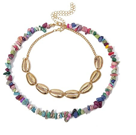 Stfery Muschelkette Vergoldet, Mehrschichtige Halskette Muschel und Stein Halskette Bunt Frauen Schmuck 39CM Tochter Geschenk