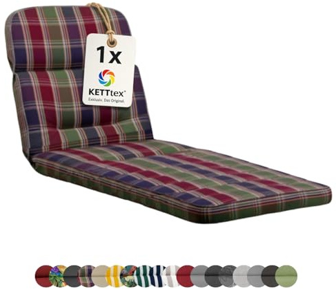 KETTtex EXKLUSIV Auflage Rollliege rot-blau-grün kariert I Gartenliege Polster 200x65x9cm I hochwertige & pflegeleichte Liegenauflage I wetter- & formbeständige Liegen-Auflage I KTH3 Liegestuhlauflage