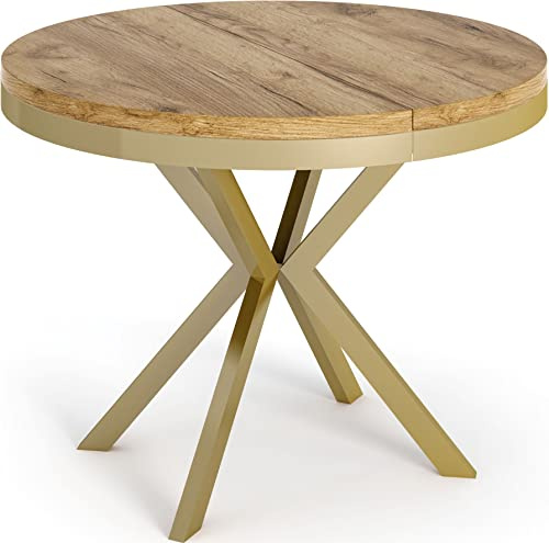 WFL GROUP Runder Ausziehbarer Esstisch - Loft Style Tisch mit Goldenen Metallbeinen - 90 bis 170 cm - Industrieller Tisch für Wohnzimmer - Kompakt - 90 cm - Craft Eiche